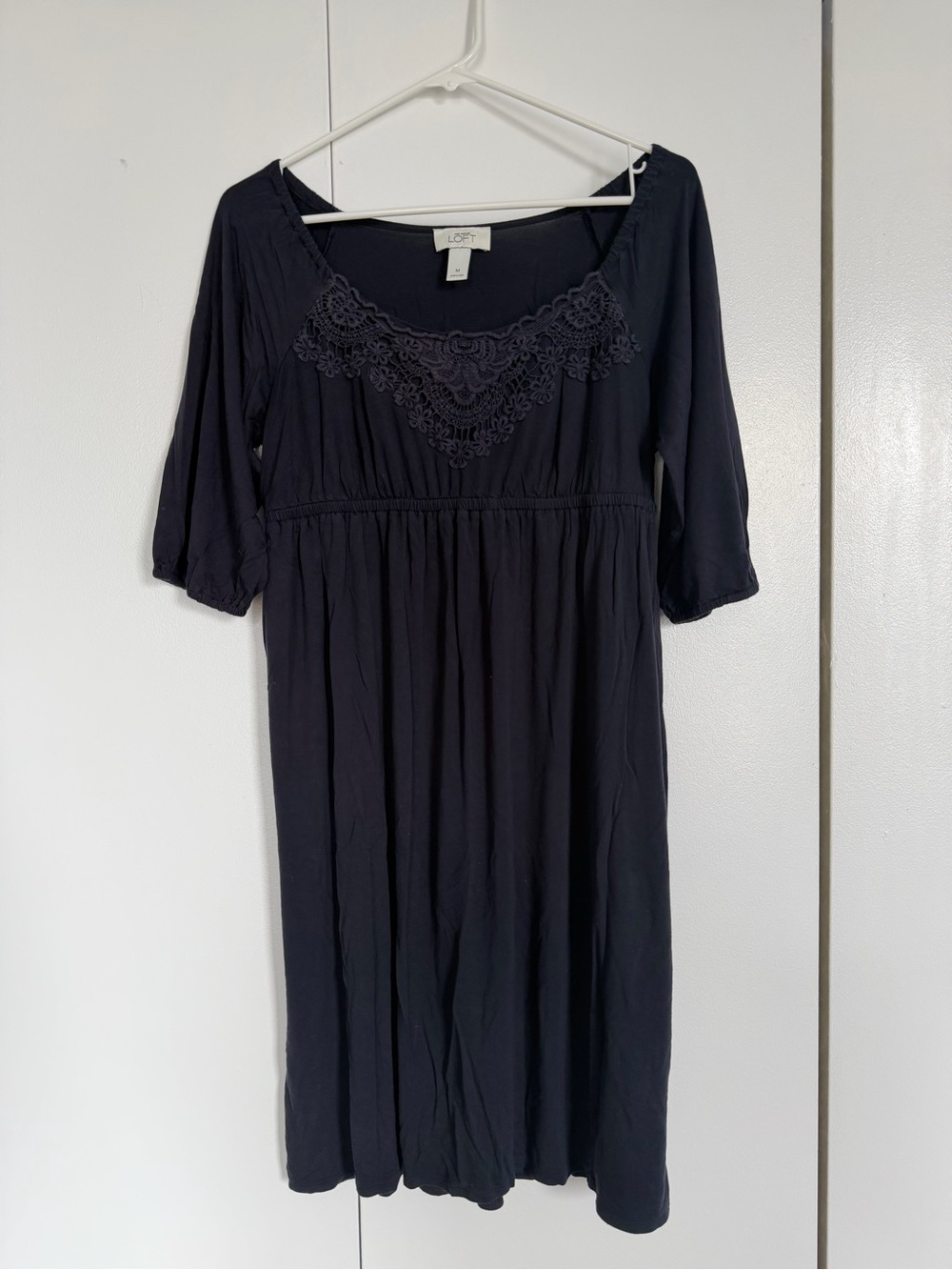 LOFT Navy Embroidered Scoop-Neck Long Sleeve Dress